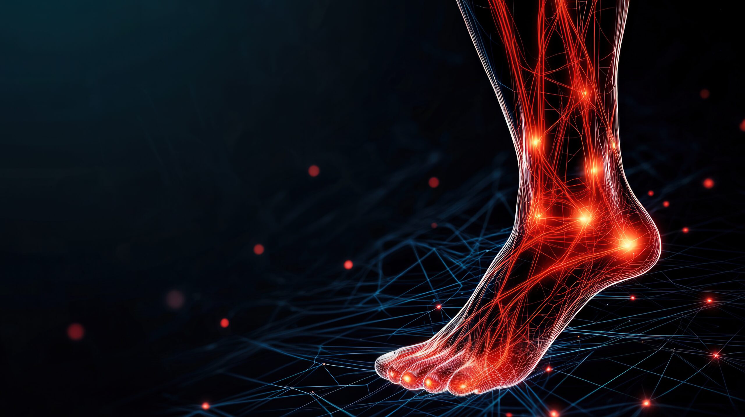 health wellness Glowing red nerve lines spreading from feet on dark gradient background symbolizing diabetic neuropathy pain and discomfort nerve damage illustration
